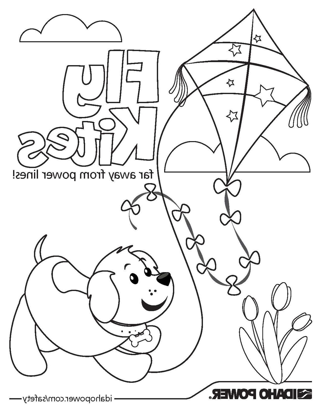 狗和风筝的图片，上面写着“放风筝远离电线”