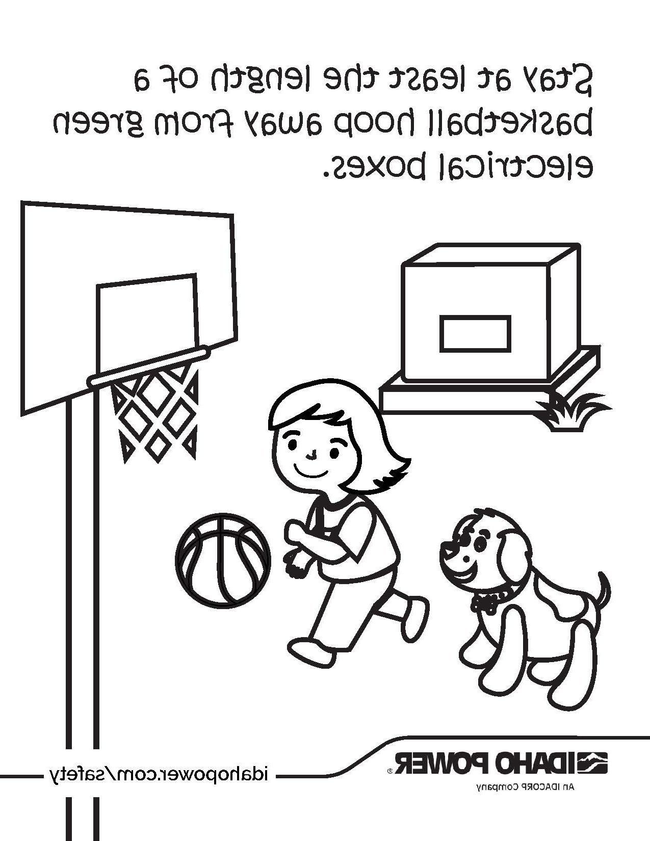 一个女孩打篮球的涂色页上写着, 与绿色电器箱保持至少一个篮球圈的距离